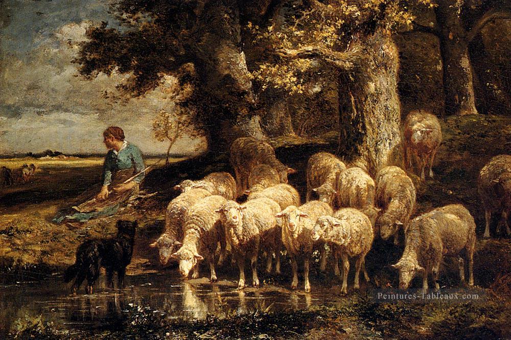 Une bergère avec son troupeau animalier Charles Émile Jacque Peintures à l'huile